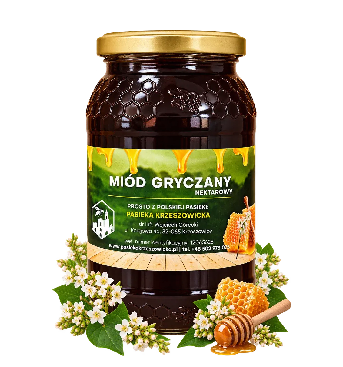 Słoik miodu gryczanego w aranżacji z pożytkiem