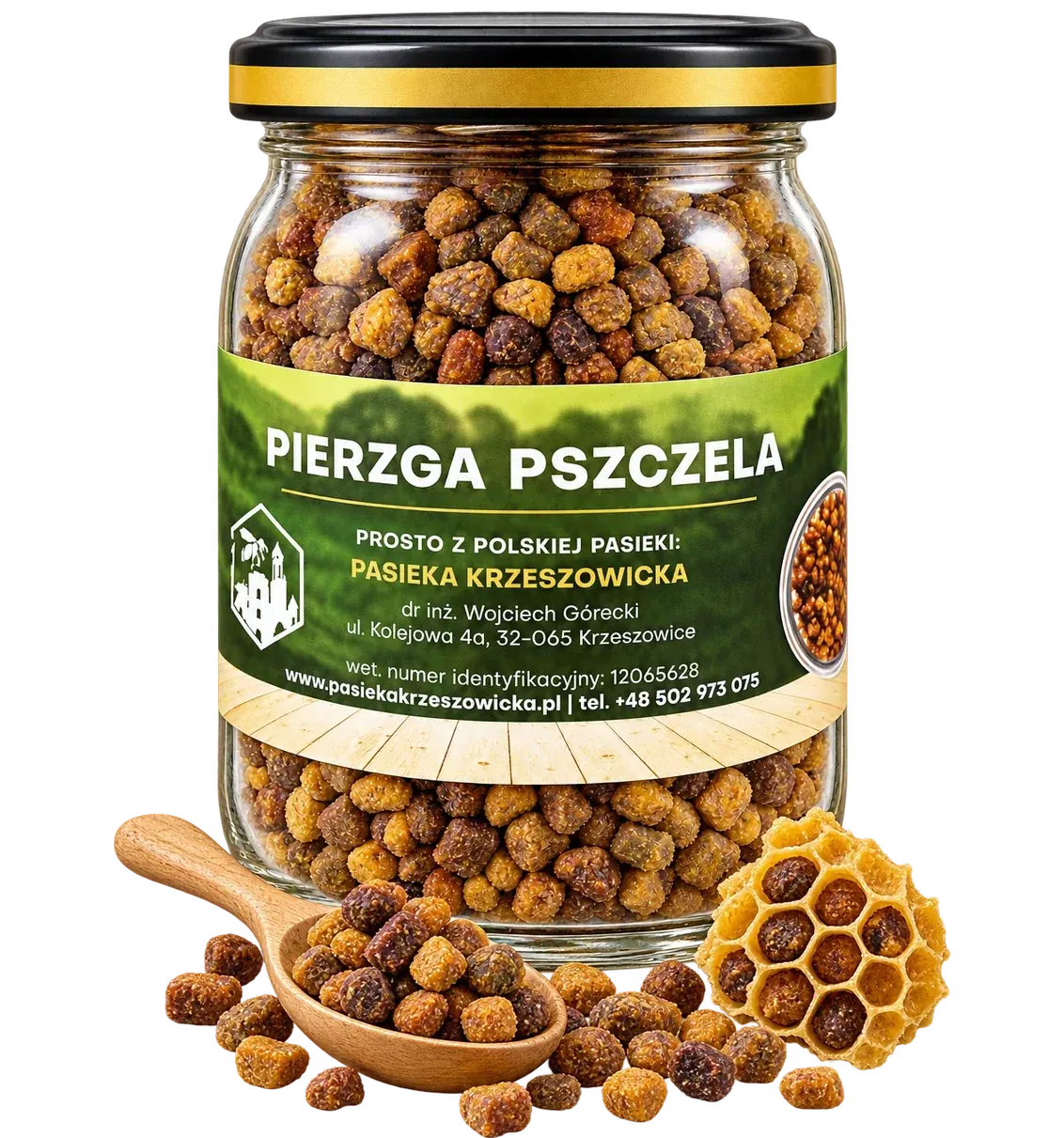 Słoik pierzgi pszczelej obok plastra miodu i drewnianej łyżki z granulkami